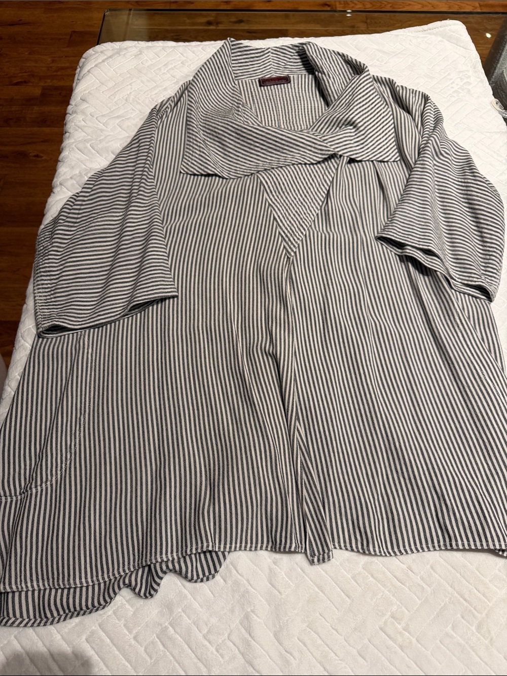 Striped Black and White Draped Collar Women's Top Tienda Ho Palm Coat Plus Size